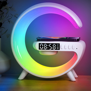 Luminária de Mesa com Carregamento Sem Fio de 15W Luz Atmosférica RGB Alarme Relógio Alto-Falante Bluetooth e Controle Via Aplicativo