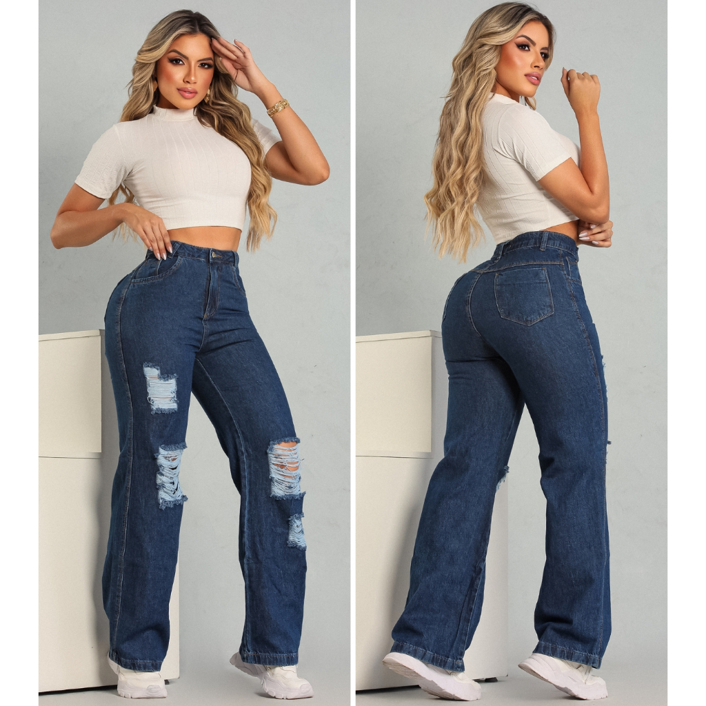 Calça Jeans Feminina Wide Leg pantalona Cintura Alta
