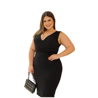 Vestido Midi Malha Crepe Bordado Forrado com Bojo na Frente Plus Size P M G GG