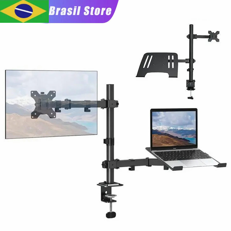 Suporte 2 Monitores Notebook Articulado De Mesa 13'' À 27'' VESA com Ajuste de Articulação e Altura Preto