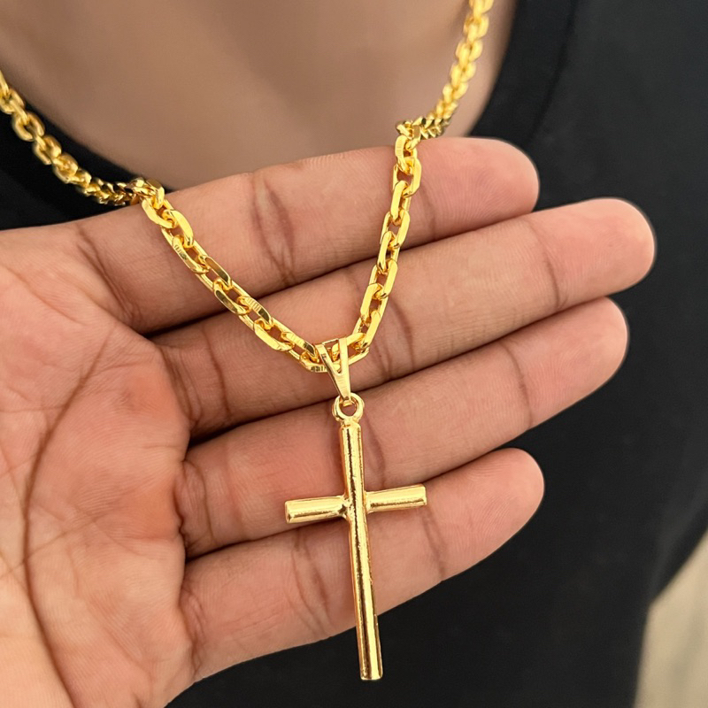 Corrente Masculina cordão grosso cadeado 5mm Banhado a ouro 18k + Pingente Cruz