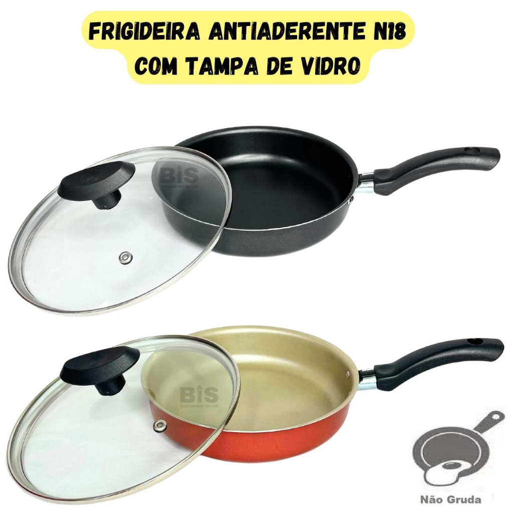 Frigideira Antiaderente Tampa de Vidro 18cm Teflon Cereja com Dourado Ou Preta