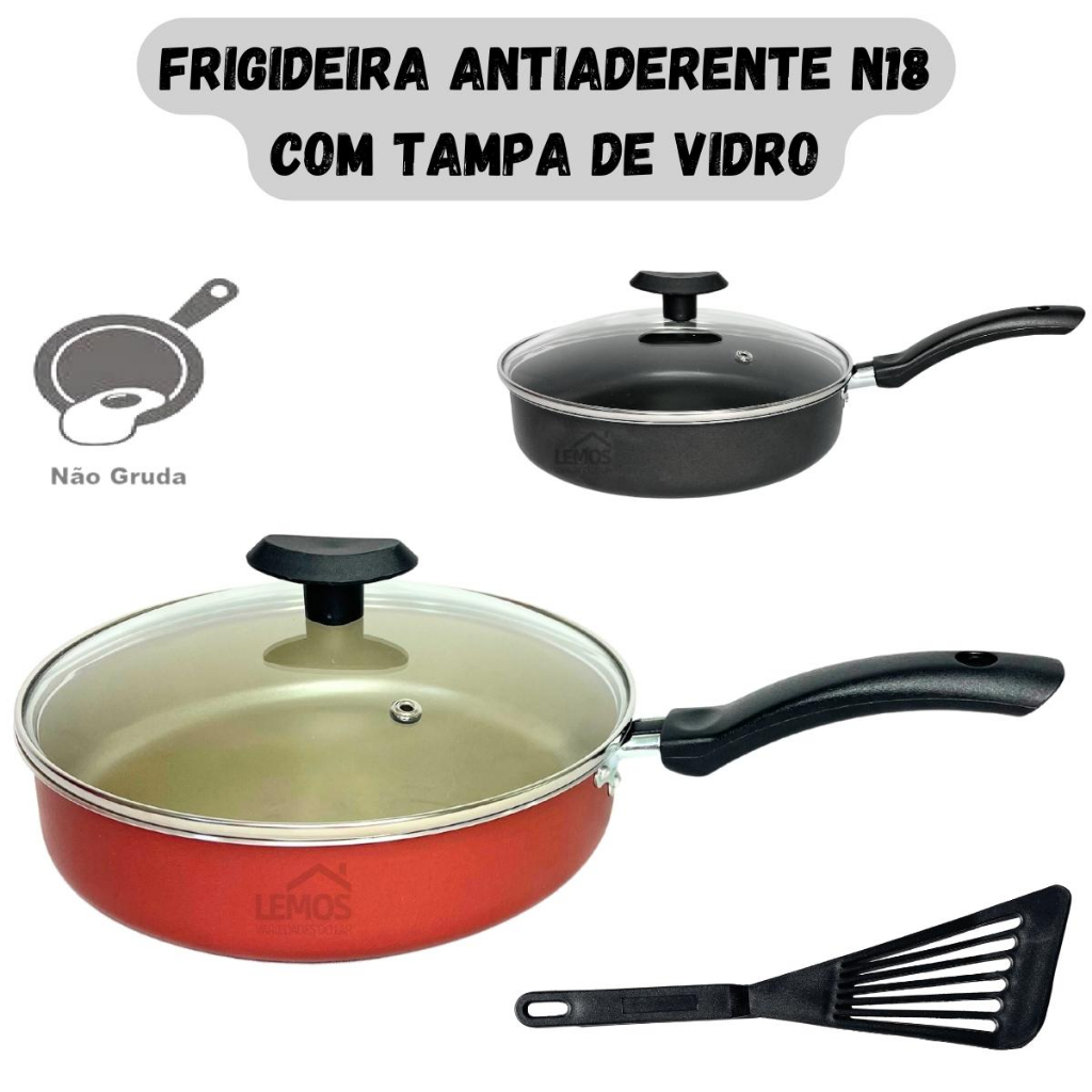 Frigideira Antiaderente Tampa de Vidro N18 Teflon Preto ou Cereja com Dourado+ Espatula