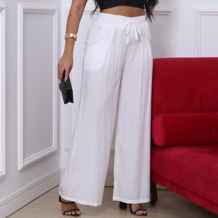 Calça Pantalona Branca Viscolinho Pantalona Longa Cintura Alta Feminino