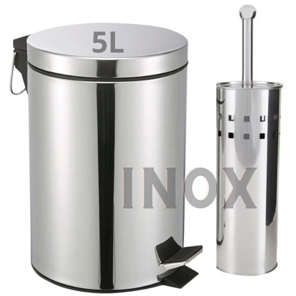 KIT Lixeira 5 litros Inox e Escova Sanitária Inox Para Banheiro Lixeira Inox Pequena Com Pedal E Tampa + Escova Sanitária Em Aço Inox Para Limpeza Higienização De Vaso