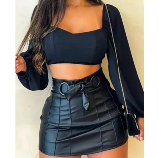 Short Saia com Cinto Argola Tecido em Couro Fake Feminino Moda Blogueira