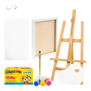 KIT PINTURA ACRÍLICA SB7 CAVALETE MESA 4105 + 4 TELAS 20X30 + KI PINCEIS +  8 TINTAS + POTE LAVA PINCÉIS + GODÊ + PALETA + MEDIUM ACRÍLICO + LÁPIS +  APONTADOR + BORRACHA - Space Buy - Seu Espaço de Compras