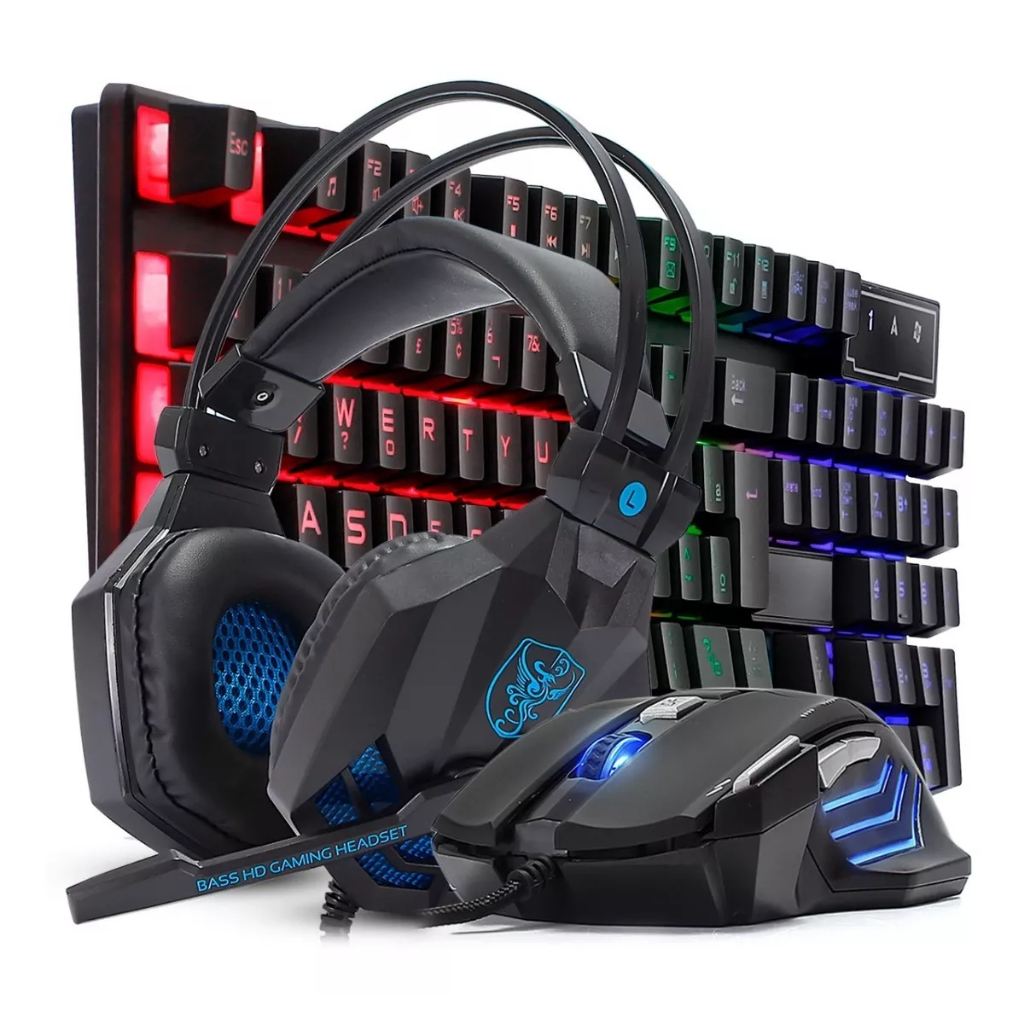 Kit Gamer Teclado Headset Mouse 3200dpi Laser Com Fio Fone Combo Led RGB USB Kit Para Jogos