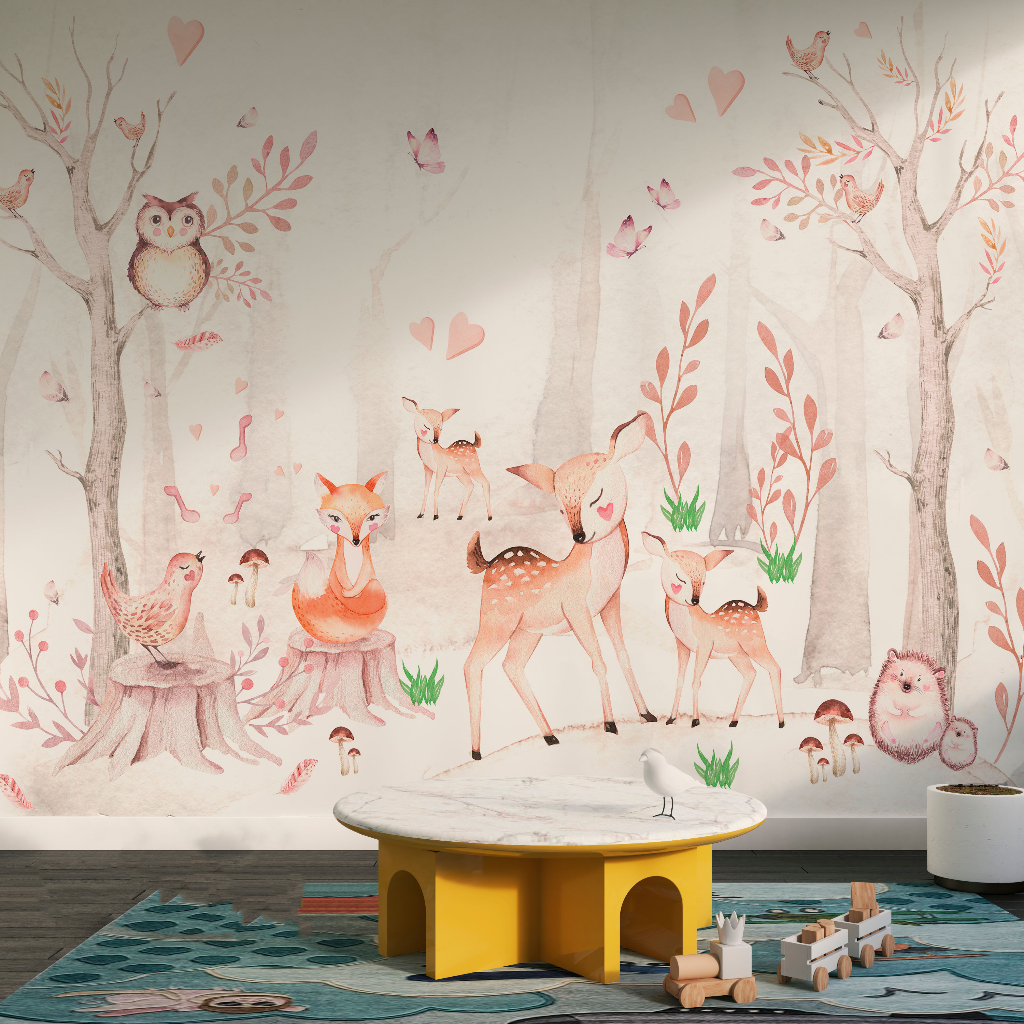 Papel de Parede Infantil Bosque Encantado do Cervo e Raposinha Aquarela