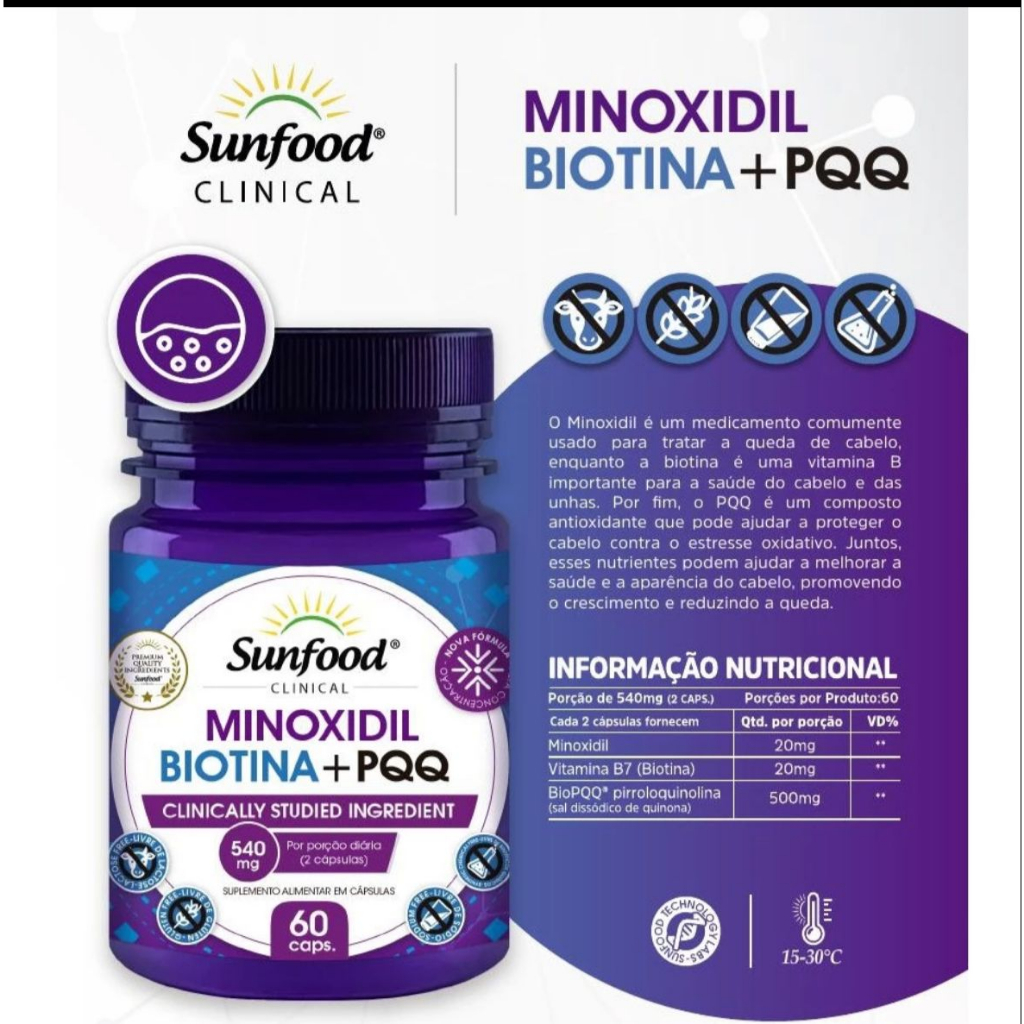 Minoxidil + Biotina + PQQ 540mg 60 Cápsulas - Sunfood