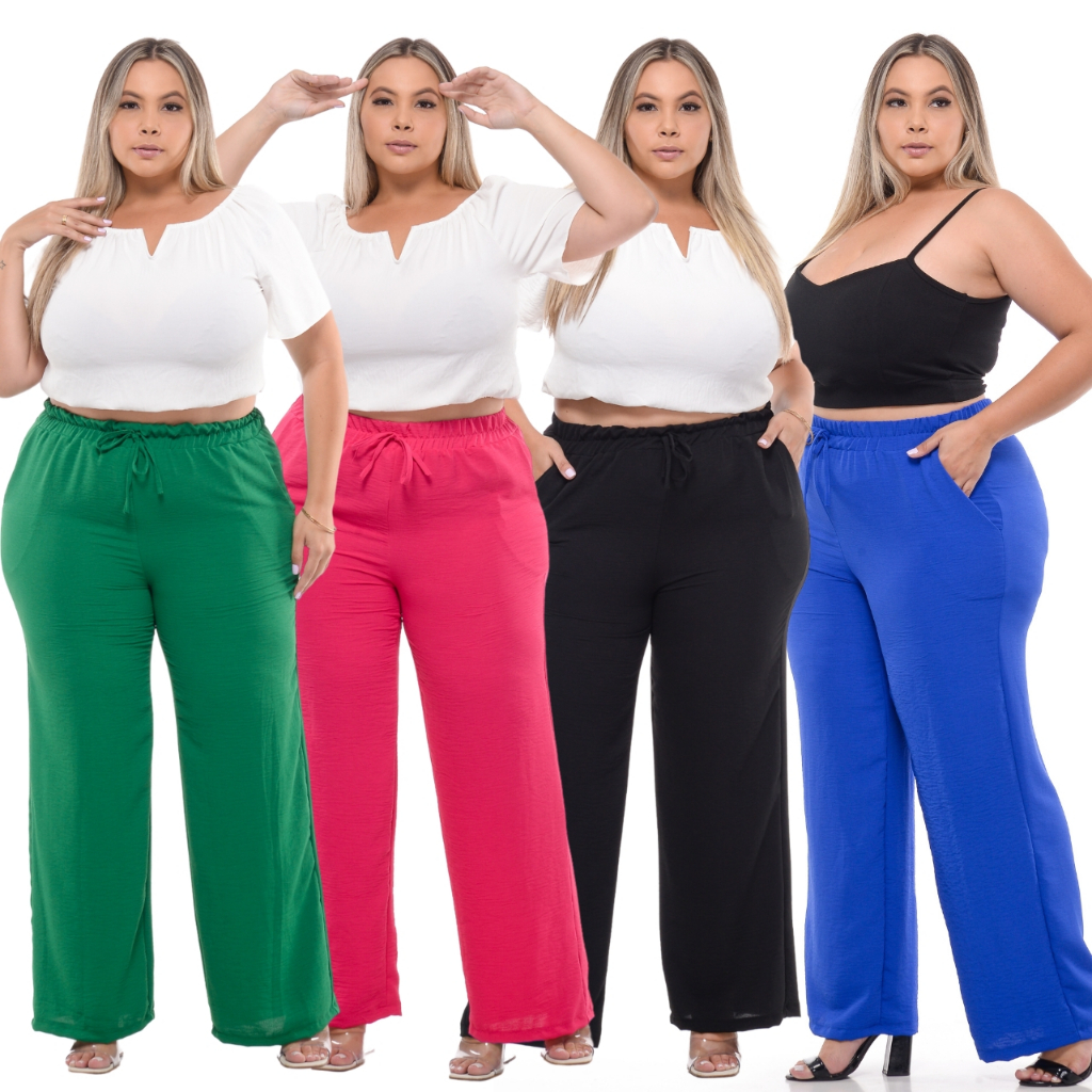 Kit 02 Calças Pantalona Plus Size Feminina Cintura Alta