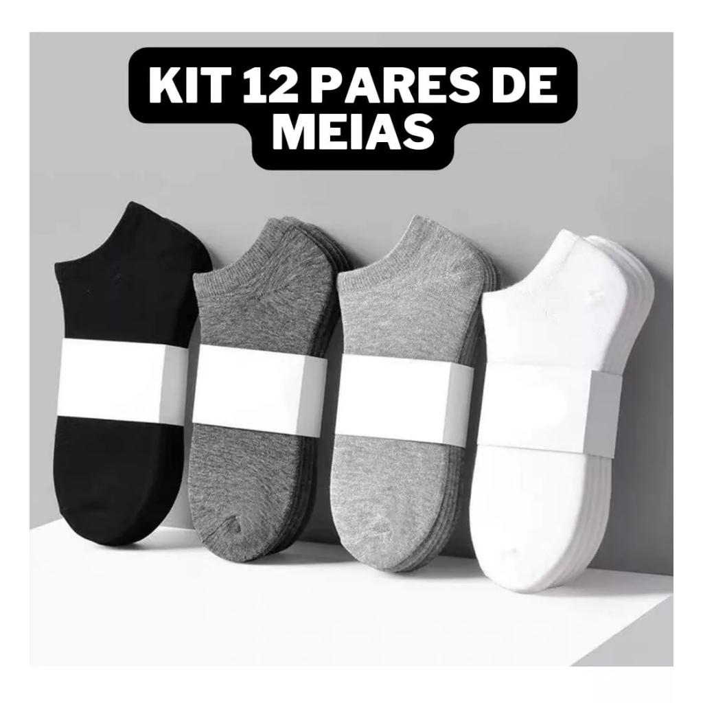Kit 12 Pares De Meias Soquetes Preta/Branca/Cinza Unissex