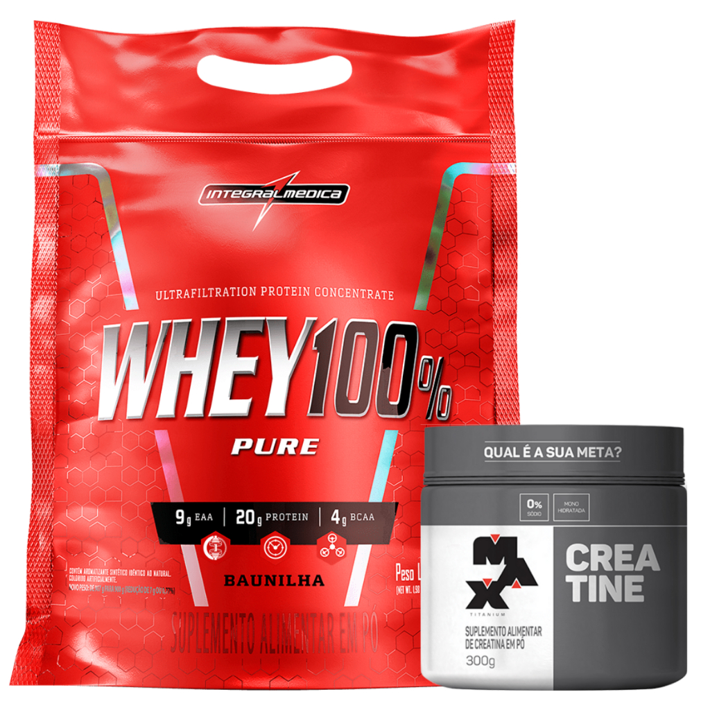 Kit Whey 100% Pure Protein Concentrado – Refil – 900g + Creatina – 300g – Max Titanium