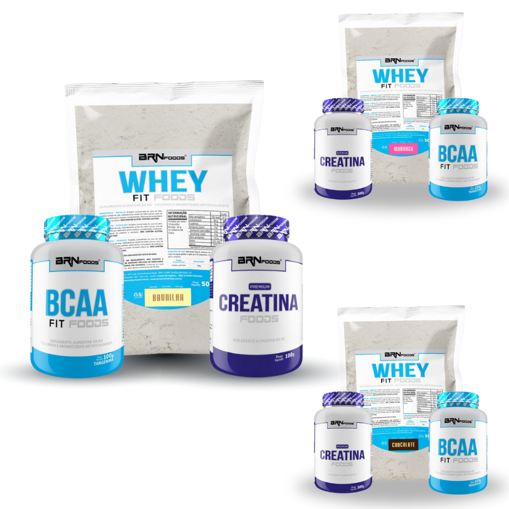 KIT Whey Protein Fit Foods Blend 500g Refil, BCAA Fit Sabor Tangerina 100g, PREMIUM Creatina 100g – BRN Foods – Kit para aumento de massa muscular e força