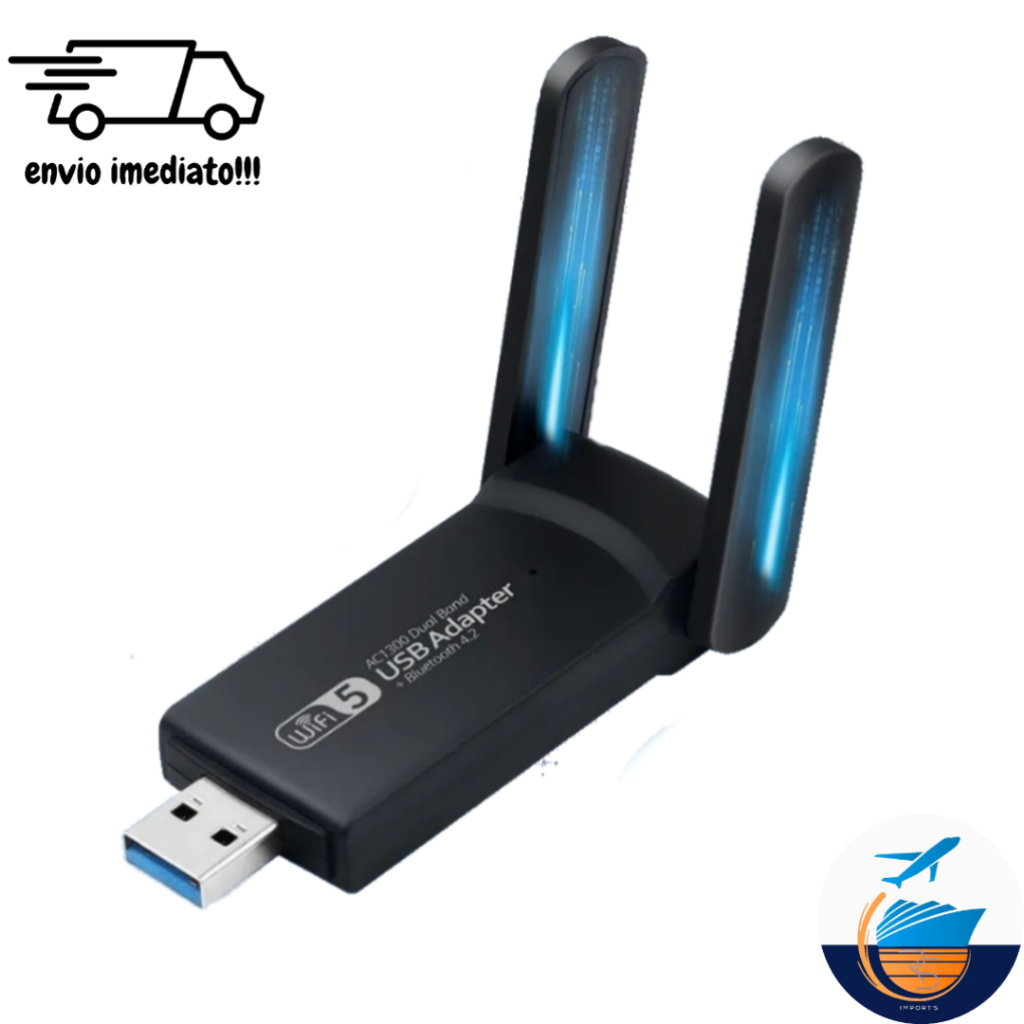 Adaptador Wifi Usb 3.0 5ghz 1300mbps + Bluetooth 4.2 Receptor Dual Band 2.4G 5G Placa Wireless Ac Wi-fi Internet 2 Antenas 5dBi - Para Pc