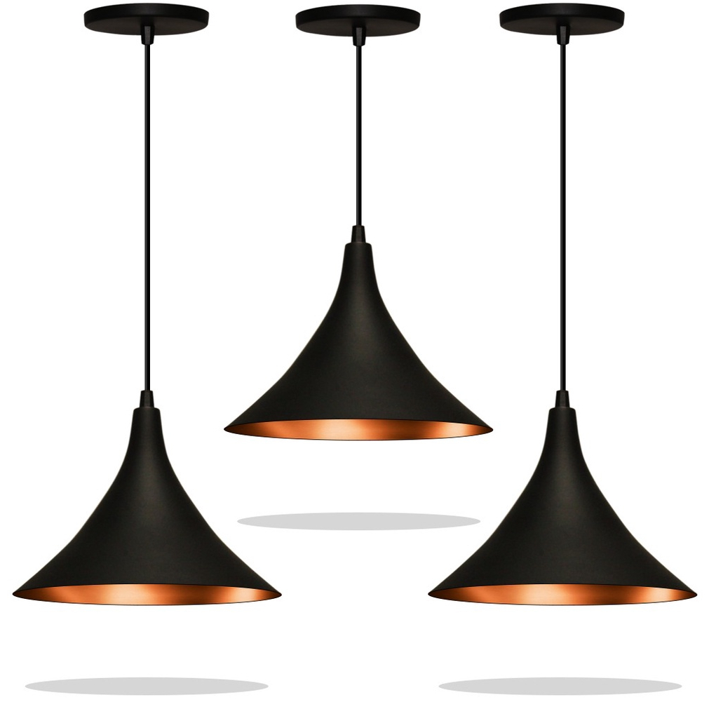 Kit 3 Pendentes Chapéu Francês Luminarias ( Preto - Bronze )