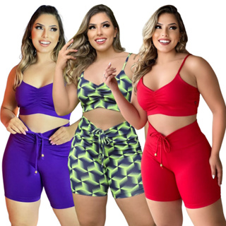 Kit 3 Conjuntos Academia Feminino Short Top Cropped Com Alças Roupa Fitnnes