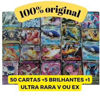200 Cartas Pokemon Original c/ 05 Brilhante + 1 Ultra Rara V - Ri
