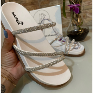 Sandália feminina de Strass Flatform Rasteirinha Birken Papete de Brilho Promoção