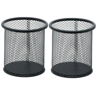 Kit 2 Porta Canetas Aramado Organizador de Mesa Para Escritório Papelaria Preto Redondo