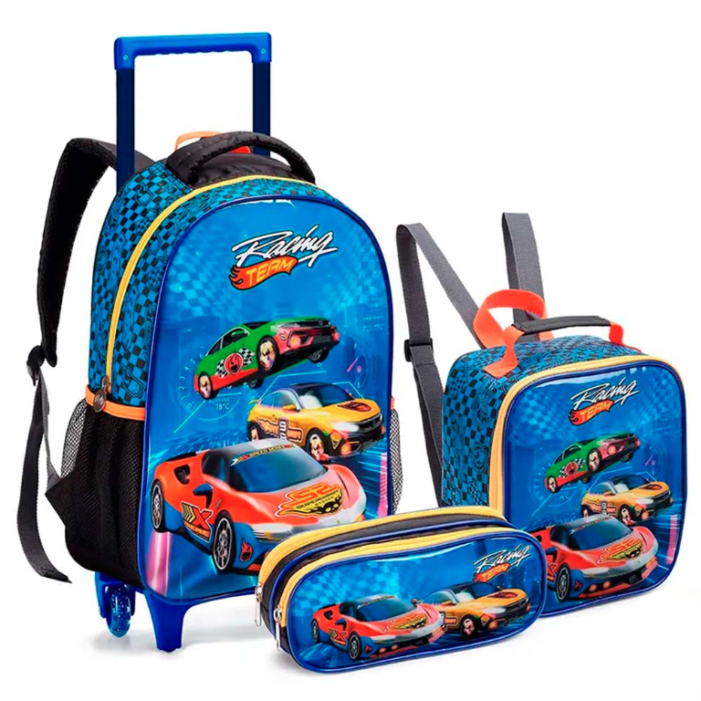 Kit Mochila Escolar Infantil Masculina Carros Speed com Rodinhas + Lancheira Térmica + Estojo – Seanite