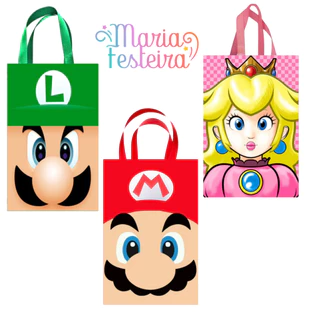 15 Sacolas Personalizadas no Tema Super Mario Bross no Tamanho 16x10x4cm