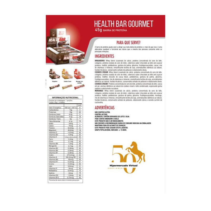 Barra de proteína + Colágeno – whey protein em barra (10 unidades) Health Bar Gourmet 45g kit com 10 barrinhas