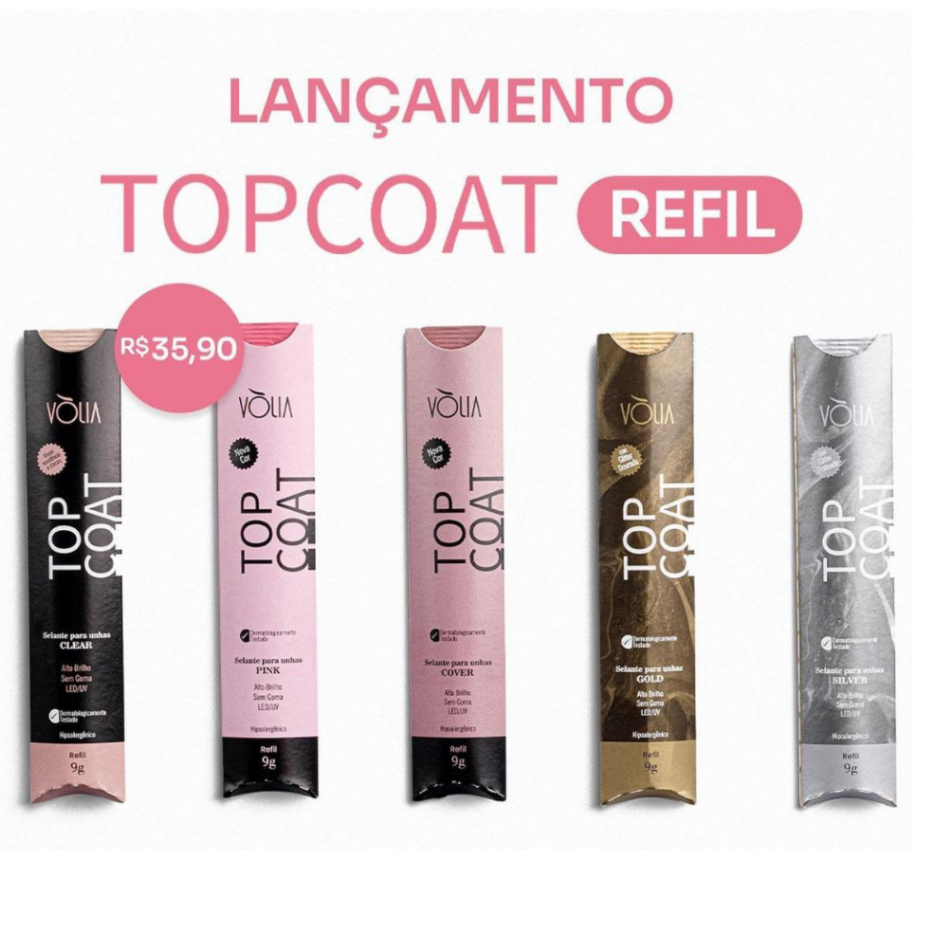 Lançamento! Top Coat Sachê Refil 9g Volia Clear Pink Cover Silver