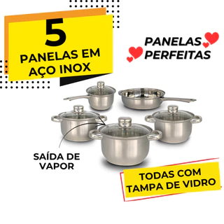 Jogo de Panelas com Tampa de Vidro Aço Inox 5 Peças