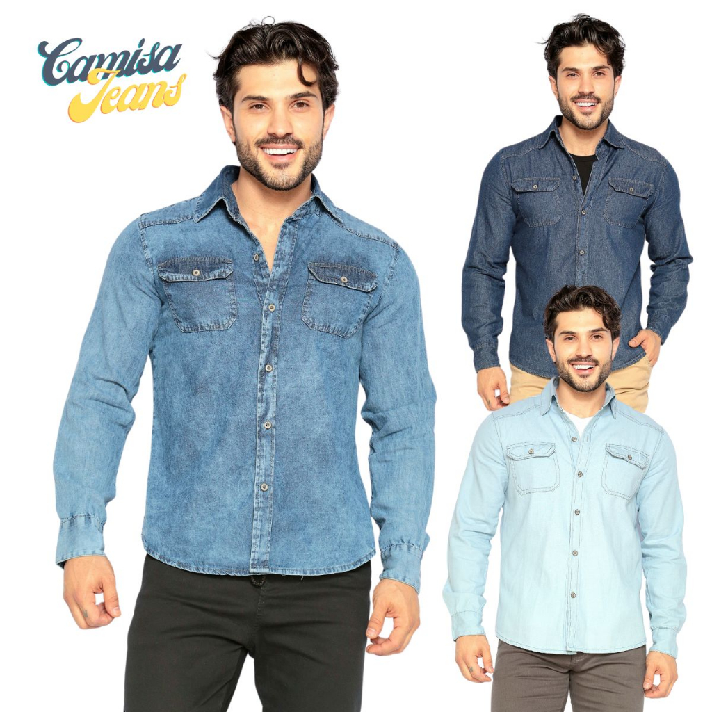 Camisa Masculina Social Jeans Slim Manga Longa Estilosa