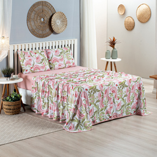 Jogo de Cama 04Pçs Com Viés Estampado Floral Queen, Padrão, King Algodão 100% Algodão Promoção