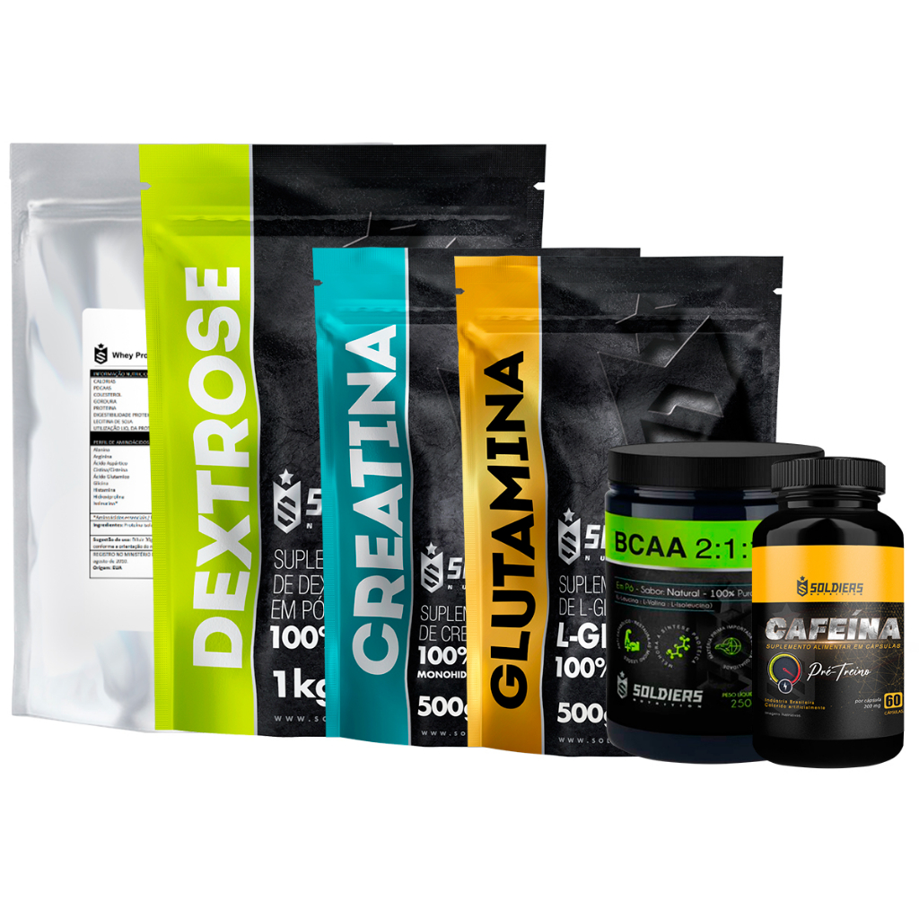 Kit: Whey Protein Isolado 2Kg + Creatina 500g + BCAA 250g + Dextrose 1Kg + Glutamina 500g + Cafeína – 100% Importado – Soldiers Nutrition