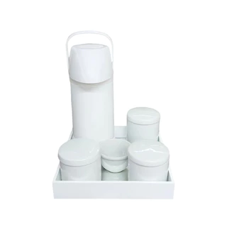 Kit higiene bebe porcelana branco gelo bandeja mdf branca espelhada potes com tampa de porcelana garrafa térmica pump 1 Litro de apertar cuidados com o nenem quartinho do baby recém nascido clean neutro menino menina maternidade