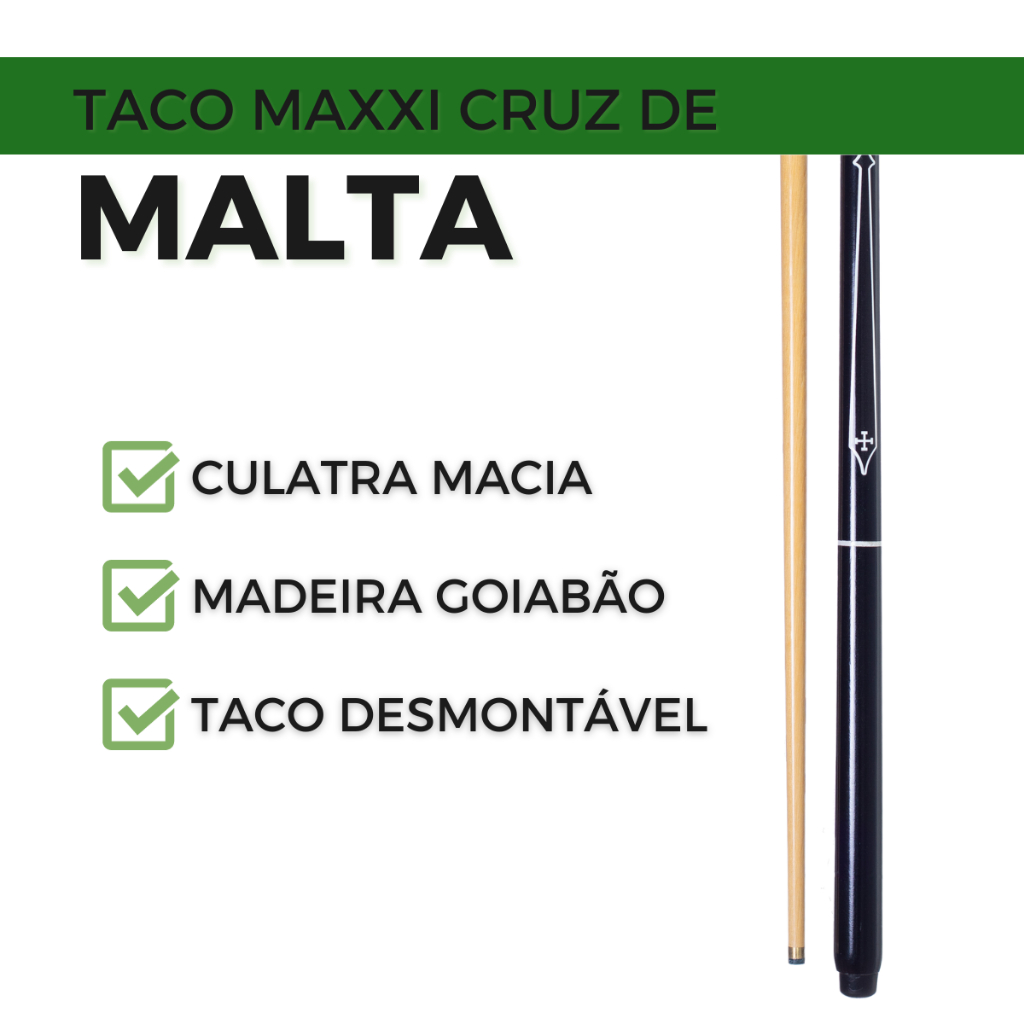 Taco de Sinuca Bilhar Goiabão Bipartido Maxxi Cruz de Malta Preto Com Sola  e Giz