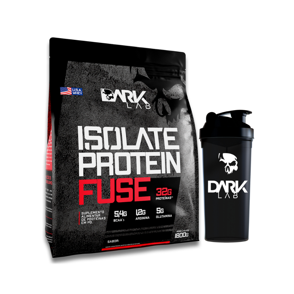 Kit Whey Isolate Protein Fuse 1,8KG Refil + Coqueteleira Caveira 700ml – Dark Lab