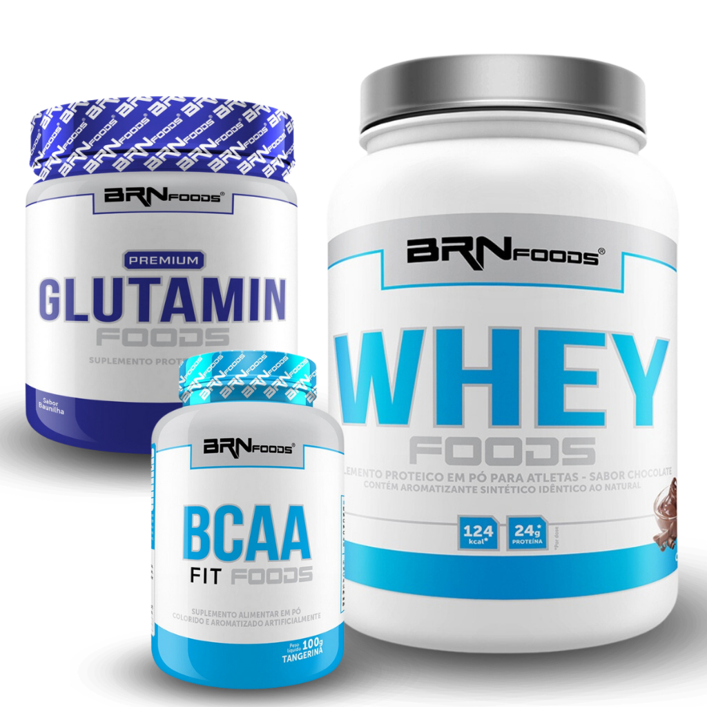 Kit Whey Protein Foods 900g + BCAA 100g + Premium Glutamina 250g – BRNFOODS