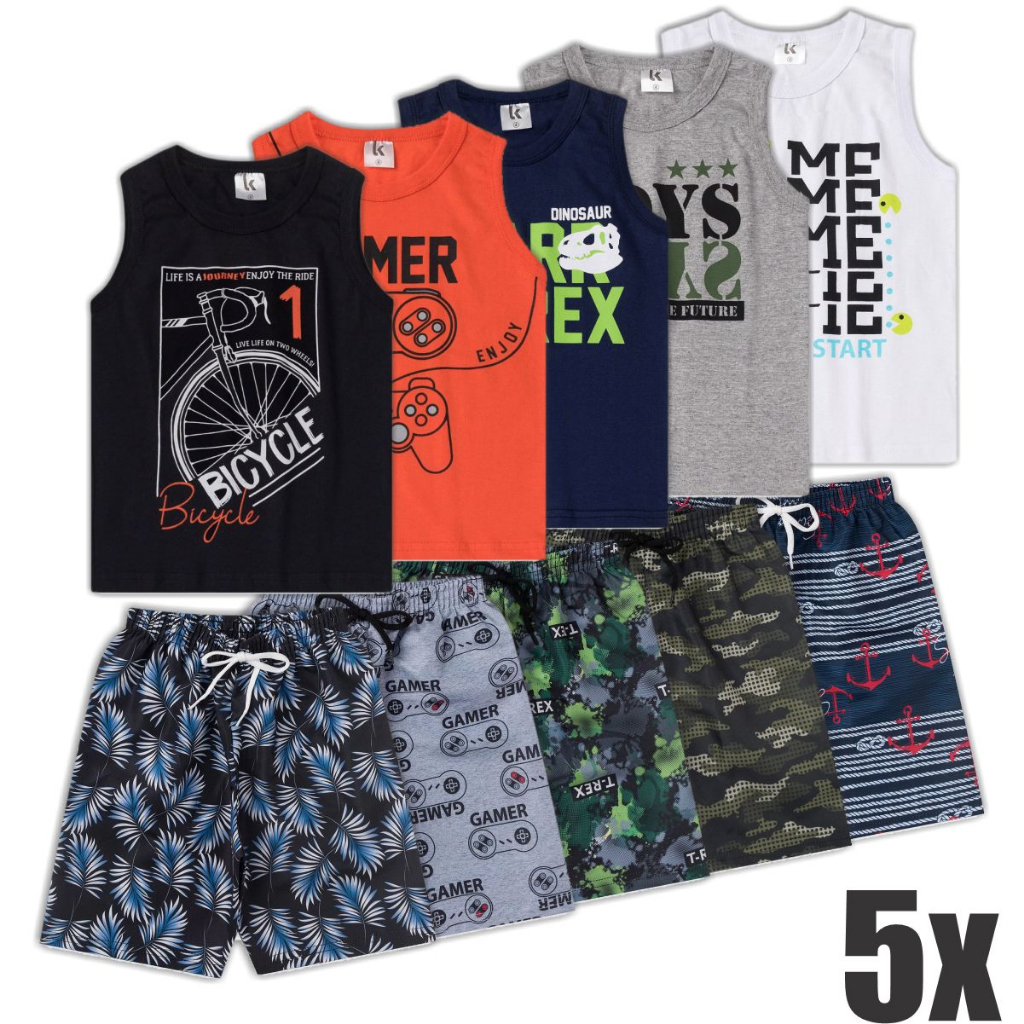 5 Regata E 5 Bermuda Leves Verão Masculina Menino Estampada