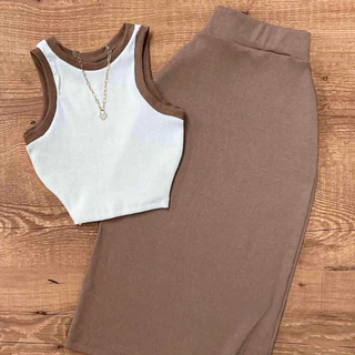 Conjunto Feminino Ribana Saia Midi e Cropped Moda Bicolor