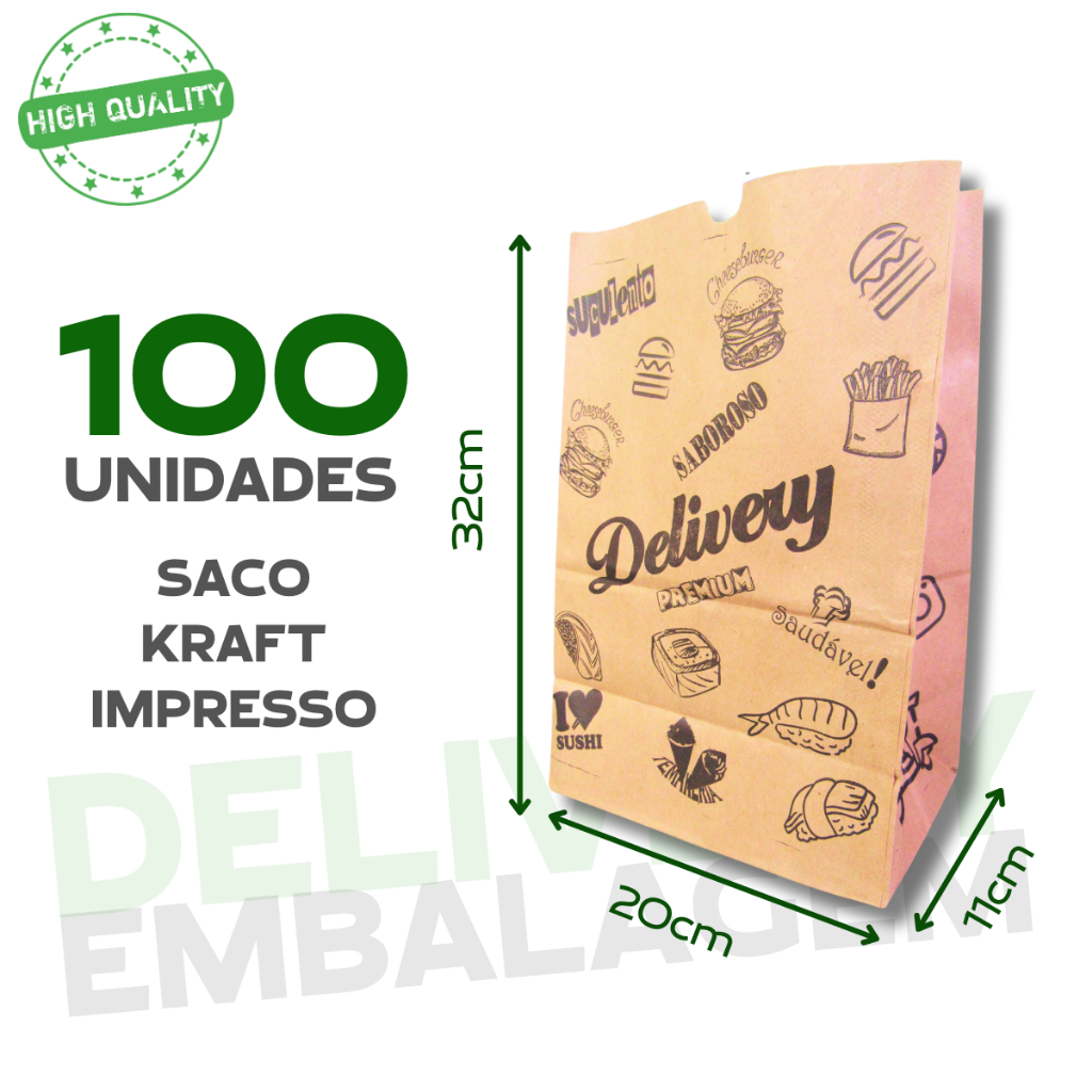 Sacos Kraft 100un 20x11x32 Para Delivery Impresso Embalagem para Lanche