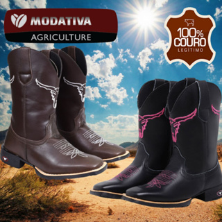 Bota Texana Country Couro Cano Longo Bico Quadrado Feminina e Masculina - Bordado Boi