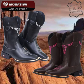 Bota Texana Country Couro Cano Longo Bico Quadrado Feminina e Masculina - Bordado Boi