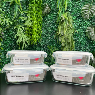Kit 4 Potes de Vidro Retangulares Herméticos Resistentes 640 ML / 1040 ML Micro Ondas/Freezer/ Geladeira com Tampa e Trava