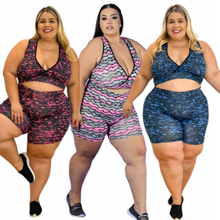 Kit 3 Conjuntos Suplex Feminino Plus Size Roupa Academia Fitness Top Cropped e Shorts