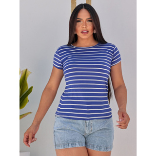 Blusa Feminina Básica Viscolycra Branca com listra Azuis Confortável Premium