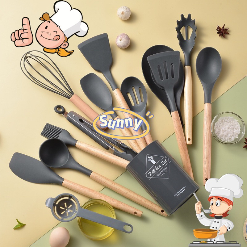 Kit 12 Peças Utensílios Cozinha Em Silicone Maciço E Cabos De Madeira Colheres Linha Master Cheff