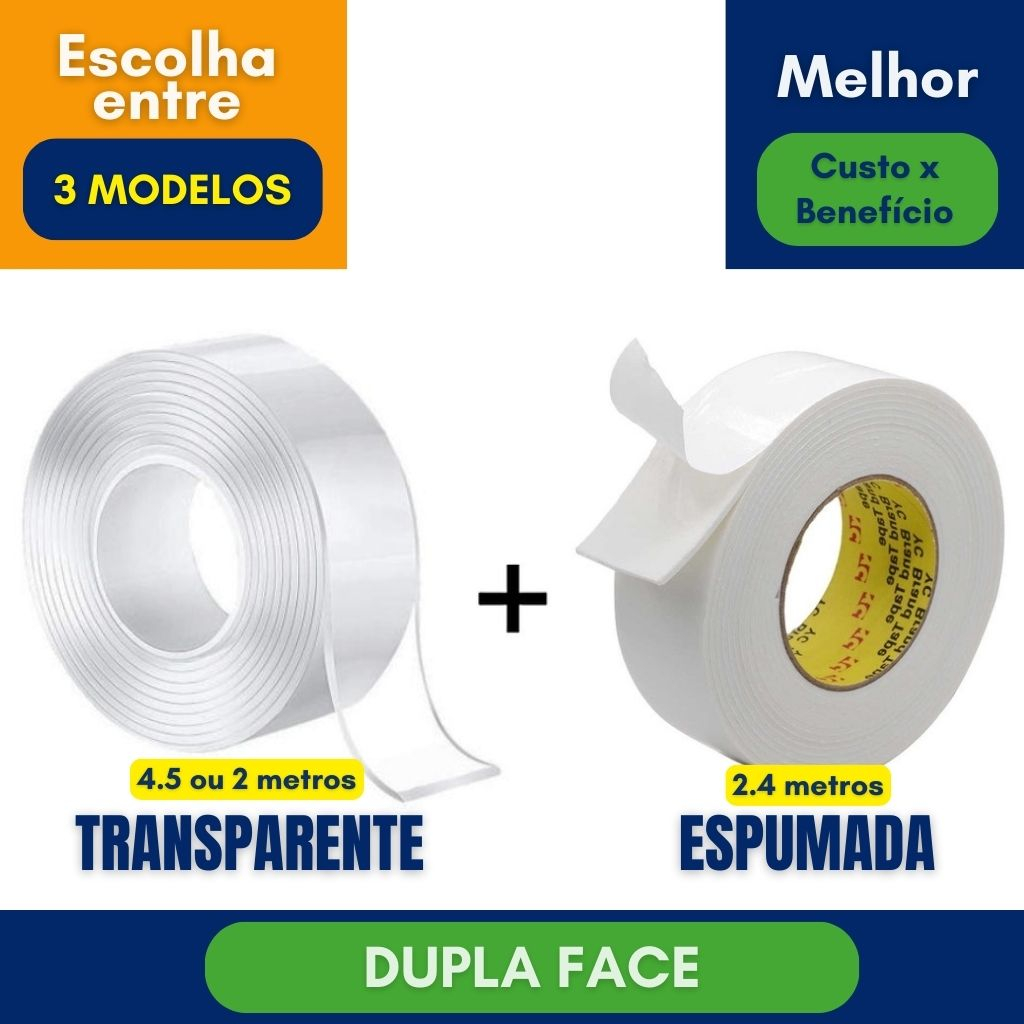 Fita Dupla Face Cola Quadro Adesiva 3 Modelos para Escolher Transparente ou Espumada 2m 2.4m 4.5m Metros Fixa Forte A Prova D'agua Nanofita Impermeável Resistente Nano Tape