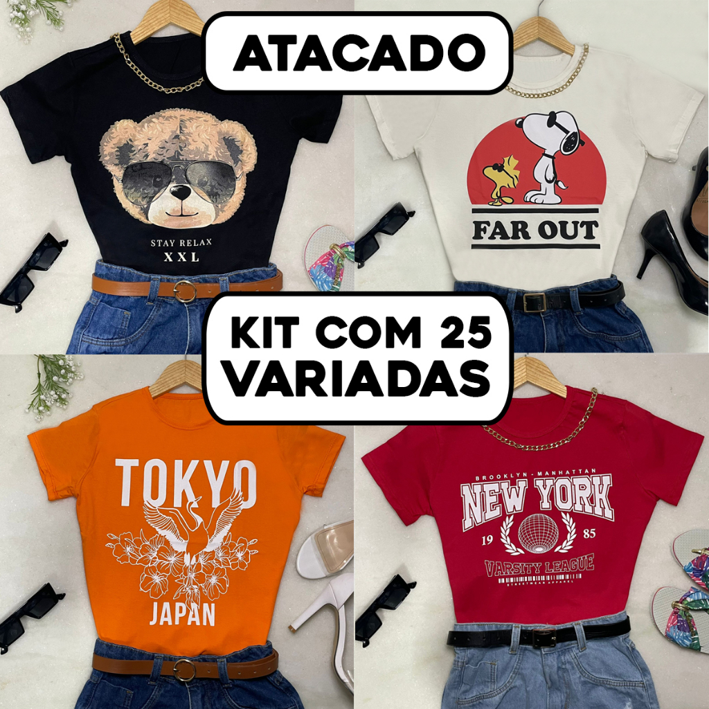 Kit 3 T-shirt Feminina Baby Look Blusa Camiseta Atacado
