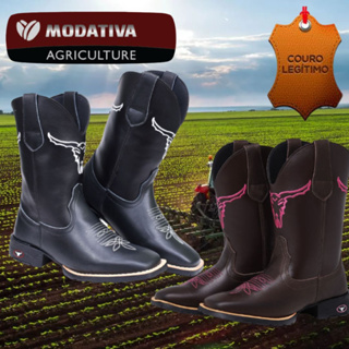 Bota Texana Country Couro Cano Longo Bico Quadrado Feminina e Masculina - Bordado cara de boi