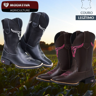 Bota Texana Country Couro Cano Longo Bico Quadrado Feminino e Masculino - Bordado Boi