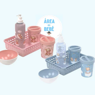 Kit Organizador Urso Baby Rosa ou Azul Menino ou Menina 5 Acessórios Plasutil Cuidado Higiene Limpeza
